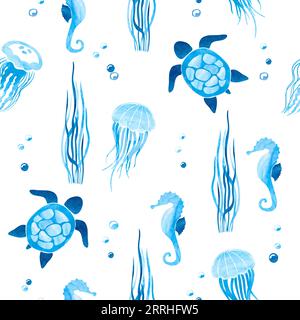 Seamless vector pattern with watercolor sea animals. Underwater life. Stock Vector