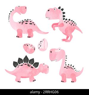 Set of pink funny cartoon dinosaurs for kids. Vector illustration. Stock Vector