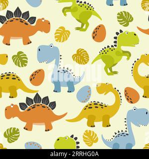 Seamless cute cartoon dinosaurs pattern. Vector colorful dino background for kids. Stock Vector