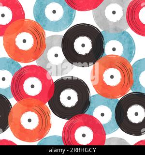 Seamless abstract retro musical pattern with colorful vinyl records. Stock Vector