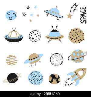 Cartoon space set. Vector illustration of rocket, UFO spaceships and planets. Stock Vector