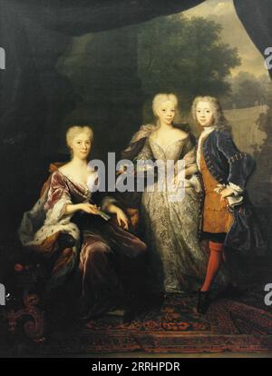 Marie Louise , 1688-1765, Princess of Hesse-Kassel, married to John William Friso of Nassau-Dietz and of Orange, with her children Anne Charlotte Amelie and Willem Karel Hendrik Friso, 1726. Stock Photo