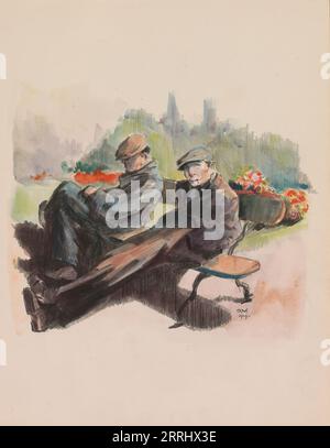 Two men sitting on a bench in a park, 1919. Wearing caps, one is smoking. Stock Photo