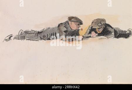 Two boys lying on their stomachs on the floor, c.1922-c.1925. Wearing caps. One of them has a pipe in his mouth. Stock Photo