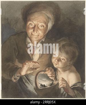 Old woman with child and chafing dish, 1734. Stock Photo