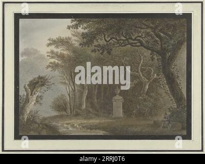 Forest landscape with a monument to Salomon Gesner, 1740-1800. Salomon Gesner (1730-1788) was a Swiss painter, graphic artist, government official, newspaper publisher and poet. On the right in the foreground a man with a lyre. Stock Photo
