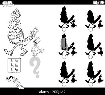 Black and white cartoon illustration of finding the right picture to the shadow educational game with dont put all your eggs in one basket saying colo Stock Vector