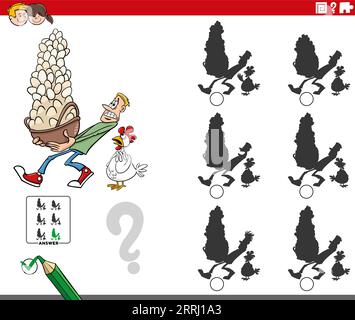 Cartoon illustration of finding the right picture to the shadow educational game with dont put all your eggs in one basket saying Stock Vector