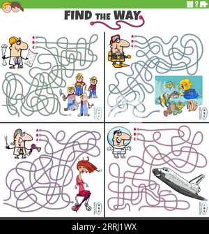 Cartoon illustration of find the way maze puzzle games set with people characters and their occupations Stock Vector