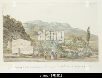 View of the town and theater of Taormina from the balcony of the inn at Giardini, 1778. Drawing from the album 'Voyage to Italy, Sicily and Malta'. Stock Photo