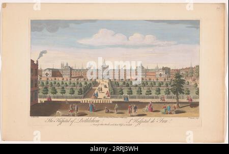 View of Bethlem Royal Hospital in London, 1747. 'L'Hospital de Fou', (mad hospital). Founded in 1247, Bethlem, or Bedlam, was originally a centre for the collection of alms to support the Crusader Church and to link England to the Holy Land. It became a notorious insane asylum, and is now a psyciatric hospital. Stock Photo