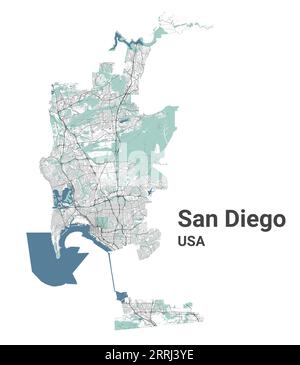 San Diego map, American city. Municipal administrative area map with rivers and roads, parks and railways. Vector illustration. Stock Vector