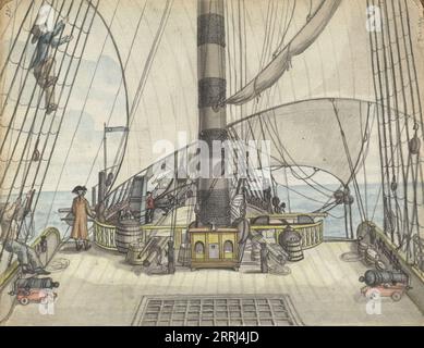 Deck view from a VOC ship to the big mast, 1778-1787. The deck of an East Indiaman with the main mast in the centre. Sailors climb the rigging. Also visible are wheeled cannons, barrels, a deck hatch, and part of the billowing sail. Part of Jan Brandes' sketchbook, dl. 1 (1808), p. 231. Stock Photo