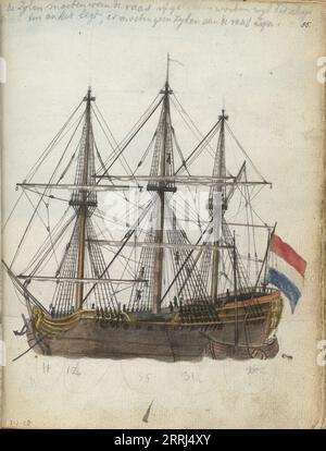 East Indiaman at anchor, 1785. VOC (Dutch East India Company) ship of approximately 150 feet with a barge alongside. The draftsman has indicated the proportions with pencil. This is probably a preliminary study of Brandes' view Colombo from the north. With inscription. Part of Jan Brandes' sketchbook, dl. 2 (1808), p. 55. Stock Photo