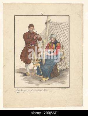 Fisher couple from Schokland, 1803-c.1899. The woman is spinning yarn with which her husband mends his net. Stock Photo