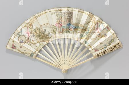 Folding paper fan with pastoral scene, c.1780. In the large central cartouche, a man gives a bird to a woman with an open bird cage. Watercolour and gold paint, oval medallions with musical instruments and ribbons. Stock Photo