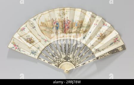 Folding paper fan with the meeting of Ruth and Boaz during the corn harvest, c.1780-c.1795. In the central gold rimmed cartouche, Ruth looks surprised at Boaz, the owner of the cornfield, who 'caught' her when harvesting. Flanked by cartouches with fruits, inlaid with silver and gold, small oval medallions with a classic vase and larger windows filled with grapes, apples, pears, peaches and melon. The whole is decorated with flower garlands. Stock Photo