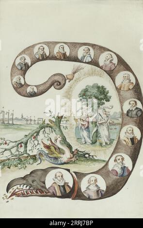The Arminian Serpent, 1710-1720. Snake with severed head bearing the portrait of Oldenbarnevelt. On the body of the snake 13 circles with portraits of the conspirators against Prince Maurits, arrested and convicted in 1623. The tail of the snake forms a hand with a birch (bundle of sticks). On the left a siren near the broken Arminian tree. On the right the radiant orange tree with the virtues Faith and Justice. In the background a gallows field on the left. Stock Photo