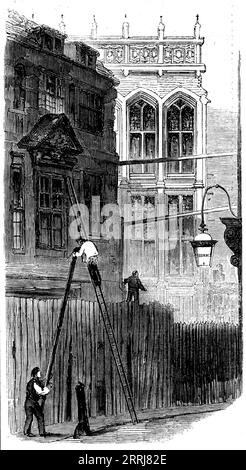 Old House in Fetter-Lane, [London], 1858. Sketch of '...a characteristic example of the substantial brick buildings erected, some in the reign of Charles I., but the greater number after the Great Fire of 1662...Near the house shown in the Engraving there is an old-fashioned hostelry, which is at present undergoing a course of transformation to the present fashion...The Holborn end of Fetter-lane still preserves a good deal of the architectural appearance which it did nearly three centuries ago'. From &quot;Illustrated London News&quot;, 1858. Stock Photo