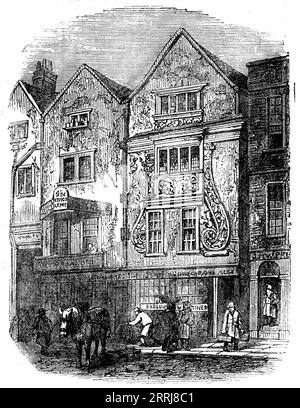Old Houses, Moorfields, [London], 1858. 'The picturesque ornamentation in the front of the house shown in the Engraving is probably of the date of the latter part of the reign of Henry VIII., and was much used in London during that and the three succeeding reigns...In the reigns of Charles I. and II. plaster patterns of greater beauty and more refinement were much used in the better class of houses, and harmonised well with the elaborately carved woodwork which was then in fashion. Most of these ceilings have now been removed ; the exterior scroll-work even on the house in Moor-fields has alto Stock Photo