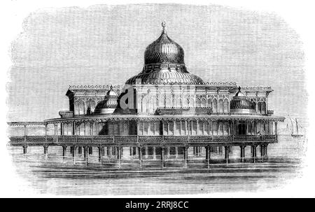 Bathing Kiosk in course of construction for the Viceroy of Egypt, 1858. '...now being constructed in London...and which, after having been completely fitted together here, will be shipped in pieces for the Nile...The foundations will consist of iron cylinders sunk deeply into the sandy bed of the river...there will be a circular verandah surrounding the building...In the centre a square space is to be allotted to the bath...to be suspended from the centre of the dome by a richly-ornamented chain, which will pass along the top over concealed pulleys, and then be attached to winding machinery - Stock Photo