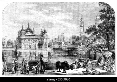 A Sikh Temple in Umritzir [India] - from a drawing by W. Carpenter, Jun., 1858. 'Umritzir, the religious capital of the Sikh people, was first constituted a holy city by Arjoon, fourth Gooroo, at the end of the sixteenth century ; but it was not till the Sikh power had reached its zenith under Runjeet Singh that the buildings which surround its sacred tank were completed in their present state...During the contests with the Mohammedans for supremacy in the Punjaub, Umritzir was several times taken, and its holy places defiled; but Runjeet Singh took ample revenge, when he undertook the rebuild Stock Photo