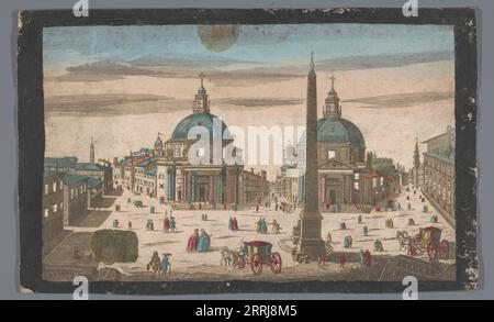 View of the Piazza del Popolo in Rome, 1700-1799. On the square on the left is the church Santa Maria Dei Miracoli and on the right the church Santa Maria in Montesanto. Stock Photo