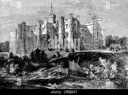 Brancepeth Castle, Durham, 1858. 'This noble edifice is said to be the earliest castellated building in the county of Durham, its foundation being coeveal with the Bulmer family, dating before the Norman Conquest. During many generations it was the property of that ancient Saxon family...During the rising in the North in the reign of Queen Elizabeth it was confiscated. After passing into the hands of several owners it came into the possession of William Russell, Esq., whose son Matthew restored the castle to its original splendour. Several of the rooms, arched with stone, built by the Nevilles Stock Photo