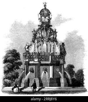 Fountain to be erected in front of Holyrood Palace, [in Edinburgh], 1858. 'The improvements which have been made in the neighbourhood of Holyrood by the late First Commissioner have been on rather an extensive scale...the chief ornament of the Palace will be the fountain, which is to adorn the west front...Instead of seeking a new design, Sir Benjamin Hall found at the Palace of Linlithgow the remains of what was formerly the fountain which adorned the magnificent residence of the Scottish Sovereigns. These remains...were found to be so complete that there could be no doubt as to the proportio Stock Photo