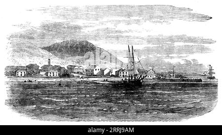 Laying the Atlantic Telegraph Cable - Valentia, from the North, 1858. 'View of Valentia, to which island considerable interest attaches in connection with the Atlantic Telegraph, as it is destined to receive the European end of the cable, being &quot;the nearest parish to America.&quot; This island, about five miles long and two broad, is situated near the southwest of Ireland, a short distance south of Dingle Bay'. From &quot;Illustrated London News&quot;, 1858. Stock Photo