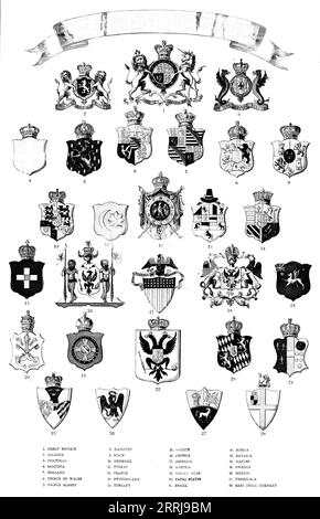 Heraldic crests, 1858. '1. Great Britain; 2. Belgium; 3. Portugal; 4. Sardinia; 5. Holland; 6. Prince of Wales; 7. Prince Albert; 8. Hanover; 9. Spain; 10. Denmark; 11. Turkey; 12. France; 13. Switzerland; 14. Tuscany; 15. Greece; 16. Prussia; 17. America; 18. Austria; 19. Ionian Isles; 20. Papal States; 21. Brazil; 22. Russia; 23. Bavaria; 24. Naples; 25. Sweden; 26. Mexico; 27. Venezuela; 28. East India Company'. From &quot;Illustrated London News&quot;, 1858. Stock Photo