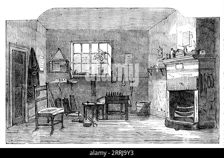 Sir Isaac Newton's Observatory, St. Martin's Street, Leicester Square, [London], 1858. Interior of the house '...in which this great philosopher lived for several years...The most remarkable feature in the external view is a square chamber which was built on the top of the house by direction of Sir Isaac to serve the purpose of an observatory...in a room upstairs there is a valuable collection of portraits and other matters illustrative of Newton's life. Above are various tenants; and in the observatory philosophical instruments and books have given place to stalls and implements of some of th Stock Photo