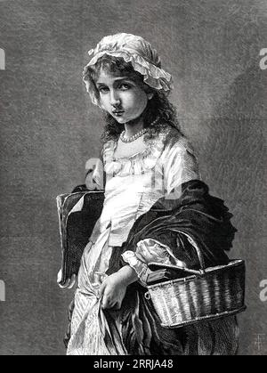 &quot;Going to School&quot; by Mdlle. J. Bole, from a photograph by Messrs. Goupil and Co., 1876. 'The young village maiden of France or Belgium who is demurely walking to the seminary of daily tuition with her large &quot;cahier&quot; of copied manuscript under one arm and with a basket full of lesson-books hanging to the other, has a really pretty face; but she does not look so strong and cheerful as...our English little girls...[Due to the excellent provision for girls' schooling] we feel confident that the young women of the next generation in the humblest class of society will possess a d Stock Photo