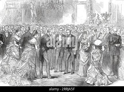 Opening of the American Centennial Exhibition: President Grant at Mr. G. W. Child's Reception, from a sketch by one of our special artists, 1876. 'The popularity and high esteem which Mr. Childs enjoys among all parties in the country, with the exceptional opportunities at the opening of this Exhibition, enabled him to bring together a more brilliant assemblage of distinguished men, we are told, than was ever before known to meet in any private house in America'. From &quot;Illustrated London News&quot;, 1876. Stock Photo