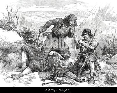 A Journey into the Herzegovina: Fate of a Turkish Spy, from a sketch by our special artist, 1876. '...the death of a spy who had ventured in disguise to get information for the Turkish Pasha among the insurgent troops of that wild highland country...The insurgents are resolved...to prevent the revictualling of the Turkish fortress of Niksics, a place of great military importance near the frontier of Montenegro. Prince Nikita, of Montenegro, seems resolved at length to enter openly into the war against Turkey, and his troops were ordered to prepare this week for a march into the Herzegovina...t Stock Photo