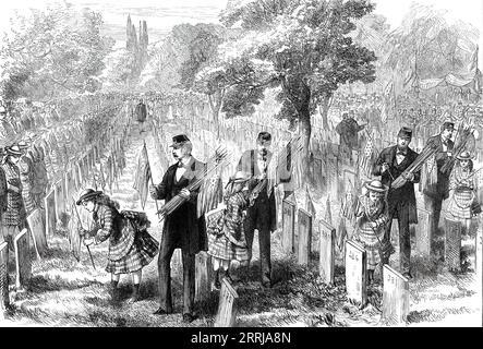 Decoration Day at Philadelphia: Orphans decorating their Fathers' Graves in Glenwood Cemetery, 1876. 'Tuesday, May 30, was kept sacred throughout the United States for the purpose of decorating the graves of all the soldiers of the Federal army killed in the great civil war, who are interred in the public cemeteries of the towns and places to which their regiments belonged...Prayers were offered...hymns were sung...flowers, woven into festoons, or crowns, or other garlands, were solemnly laid upon the graves; and set orations were delivered, expressing sentiments of patriotic duty and commendi Stock Photo