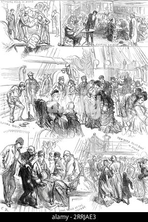 On the Way to the Philadelphia Exhibition, 1876. 'Bringing mails on board; smoking saloon; playing quoits; the Belle of the voyage; New York pilot boat in sight...[View of] the upper deck of the 'Adriatic', with the passengers playing at the amusing game of quoits. The lady who appears just throwing was a splendid shot, and succeeded in beating most of the gentlemen. Flirting and love-making appeared to be the orthodox diversions in crossing the Atlantic. Medical advice also suggests flirting; but in reality the doctor is consoling a lady who has been suffering the horrors of sea-sickness pret Stock Photo