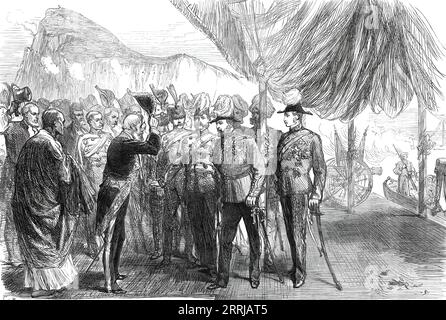 The Prince of Wales at landing at Gibraltar, from a sketch by our special artist, 1876. The future King Edward VII travels via the Mediterranean on his return from a royal visit to India. 'The Prince here met his brother, the Duke of Connaught. He was welcomed by the Acting Governor and staff, the officers of the garrison and those of the Royal Navy, the colonial officials, and others. A guard of honour was drawn up on the quay, and flowers were strewn in the path of his Royal Highness'. From &quot;Illustrated London News&quot;, 1876. Stock Photo