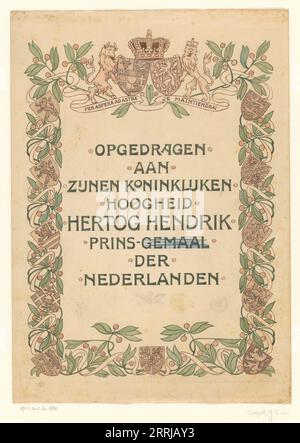 Book cover design for &quot;De Nederlandsche Handel en Nijverheid in woord en beeld&quot; (Dutch commerce and industry in word and image), c1901. 'Opgedragen aan zunen koninkluken hoogheid Hertog Hendrik Prins Gemaal der Nederlanden' (Dedicated to his Royal Highness Duke Hendrik Prince Consort of the Netherlands). Rectangular frame with leaves, berries and eleven coats of arms of the provinces of the Netherlands. Surmounted by the crest of the Kingdom of the Netherlands, and crest and motto of Prince Hendrik. Stock Photo