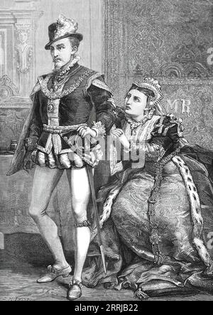 Scene from Tennyson's &quot;Queen Mary&quot; at the Lyceum Theatre, 1876. London stage production. 'The Laureate has been careful to depict the more human relations, in which the King of Spain and the Queen of England stood towards each other. Both persecutors of heretics, they were nevertheless husband and wife, and are thus redeemed within the limits of general sympathy...[Tennyson] attributed to Mary the utmost devotion and constancy to her haughty lord. Our Illustration presents a scene between them in which she pleads for his pity and compassion, for some return of love for love. It is on Stock Photo