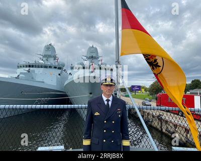 Riga, Latvia. 08th Sep, 2023. Flotilla Admiral Stephan Haisch, exercise officer and deputy commander of DEU MARFOR, aboard the frigate Hamburg in the port of Riga. Credit: Alexander Welscher/dpa/Alamy Live News Stock Photo