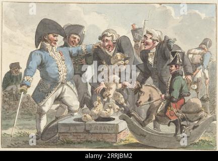 Cartoon on the Tiercering of 1810, 1810-1812. Two men in wigs throw bags of money into a well marked 'La France', flanked by soldiers and a hussaar on a rocking horse. At far left is Napoleon sitting on a mound of skulls. Stock Photo