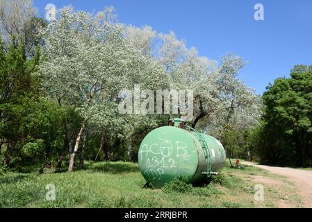 Water Storage Tank in Spring Forest in the Var Département Provence southern France. Water Reservoir to Fight Forest Fires Stock Photo