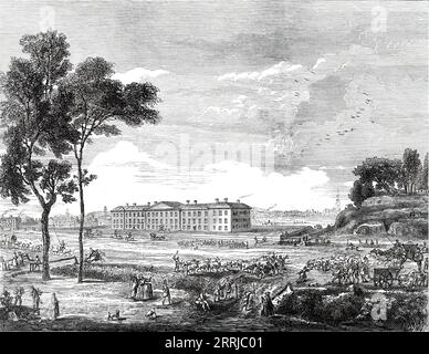 The London Hospital in 1753 - from an old print, 1876. 'Her Majesty having expressed a hope that her visit to open the &quot;Grocers' Company's Wing&quot; might result in substantial benefit to the charity, a Special Appeal is now made to the Public in Aid of the Hospital Funds. The Committee are gratified to announce that her Majesty immediately after her visit...was pleased to mark her sense of the value and importance of this institution to the poor of the eastern half of the metropolis by a donation of Five Hundred Guineas. The fixed income of this Charity is only &#xa3;14,500 a year. The Stock Photo