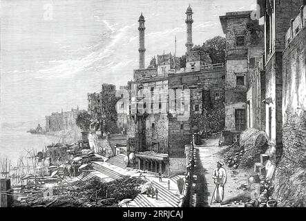 Ghaut at Benares, 1876. Indian landscape - view of '...the quaint-looking river-side architecture of Benares, its ghauts or quays with their broad terrace-steps, and the picturesque masses of building there; with a specimen of the figures and costume of a well-known class amongst the native people'. From &quot;Illustrated London News&quot;, 1876. Stock Photo