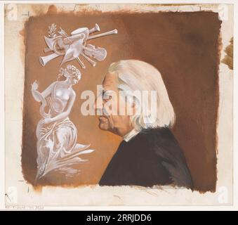 Book cover design for &quot;Frans Liszt. The life of a great composer&quot; by Jean Rousselot, c. 1961. Portrait of Frans Liszt in old age. Personification of music with a lyre; wind instruments and string instruments. Stock Photo