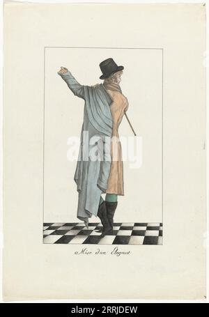 Elegant outfit, 1800. 'Mise d'un &#xe9;legant'. A man puts on an overcoat with three shoulder pleats (Carrick) over a jacket and trousers. Accessories: top hat, small walking stick, boots with pointed toe. Drawing for print no. 187 (RP-P-2009-1391) in Journal des Dames et des Modes, Costume Parisien, 15 Janvier 1800, An 8. Stock Photo