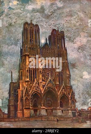 'La Cathedrale de Reims', 1917. Reims Cathedral. From &quot;L'Album de la Guerre 1914-1919, Volume 2&quot; [L'Illustration, Paris, 1924]. Stock Photo