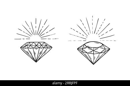 Hand drawn diamond shining line art side view and front view Stock Vector