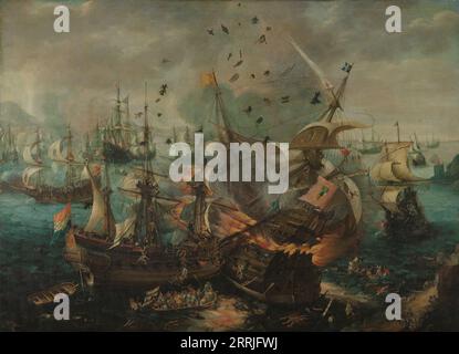 Battle of Gibraltar in 1607, c.1621. Other Title(s): The Explosion of the Spanish Flagship during the Battle of Gibraltar, 25 April 1607. Stock Photo